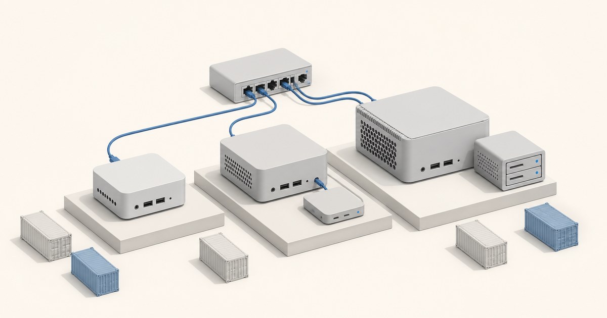Three mini PCs in small, medium and large sizes on stepped white tiers, cabled to a network switch, with tiny shipping containers dotted around them.