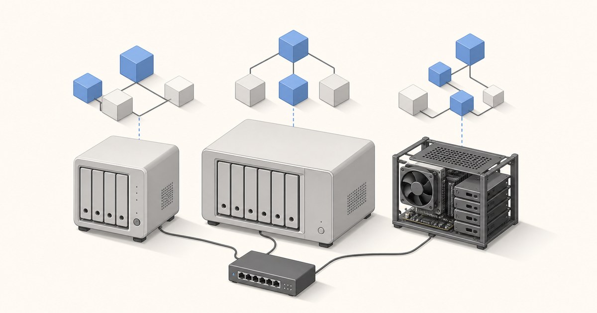 Three NAS units, a compact four-bay box, a larger six-bay tower and an open-frame DIY server, wired to a switch beneath floating container cube diagrams.