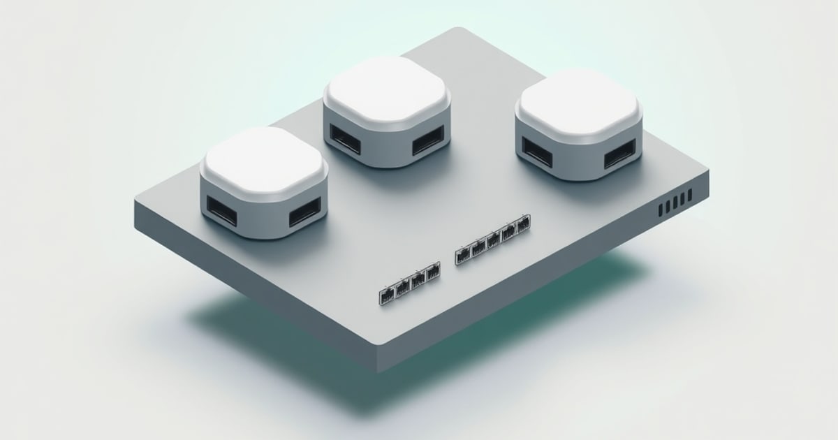 Flat isometric illustration of three rounded white service blocks with port openings sitting directly on one flat grey plate, beside two rows of network jacks set into the same plate.