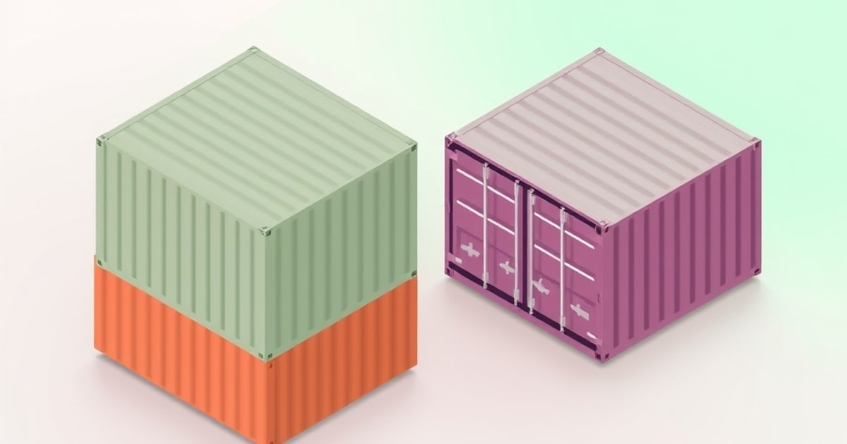 Isometric green shipping container stacked on an orange one beside a lone purple container, contrasting a multi-container Compose stack with a single run