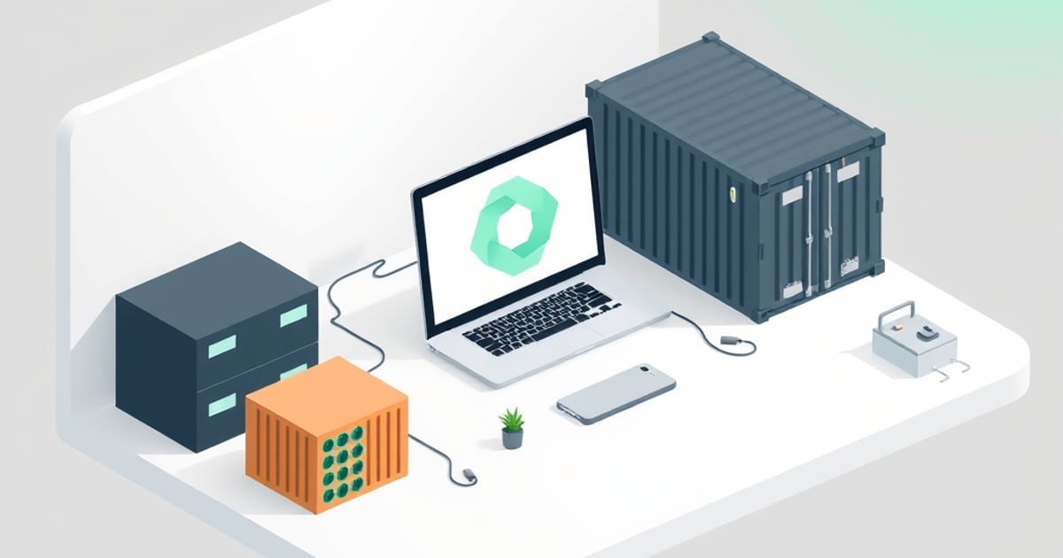 Flat isometric illustration of a laptop on a white desk, cabled to a dark shipping container, an orange perforated cube and a stacked grey server unit.