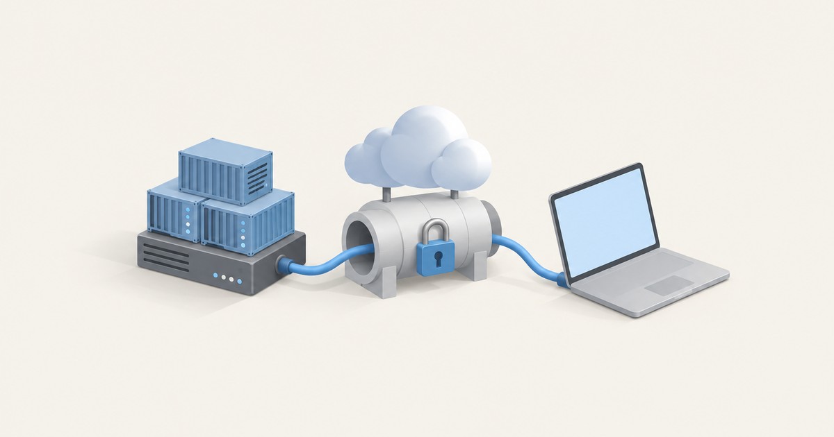 Blue shipping containers stacked on a server connect by a blue cable through a padlocked tunnel pipe beneath a cloud to a laptop, in soft 3D style.