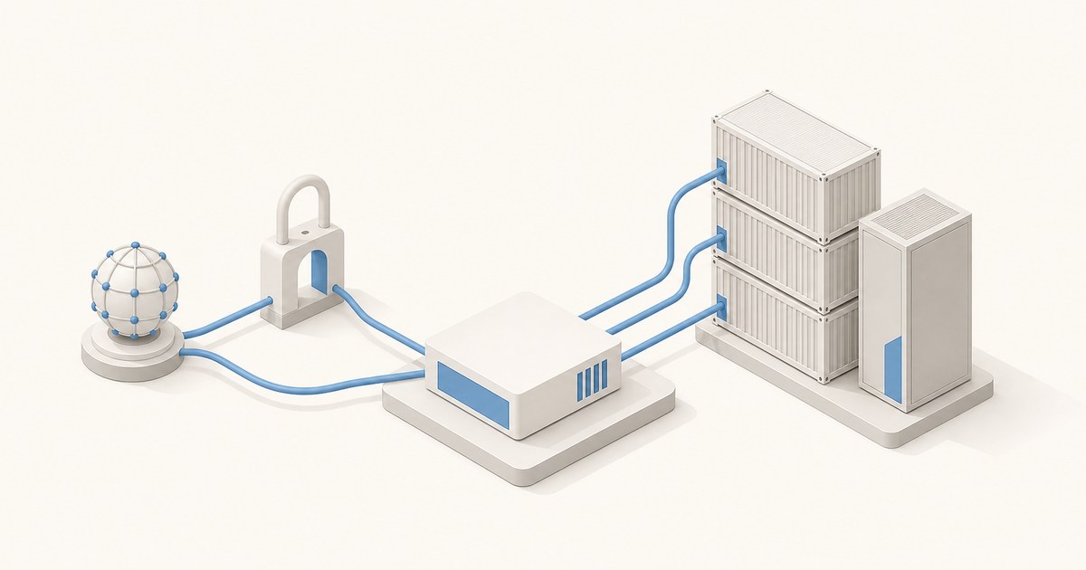 Isometric diagram of a network globe and padlock cabled to a white reverse proxy box that routes traffic to three stacked containers and a server.