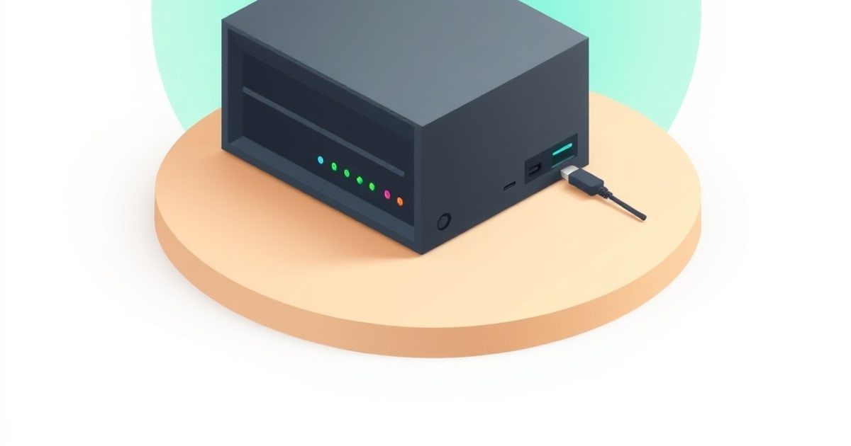 Isometric dark gray home media server box with colored status LEDs and a network cable plugged into its side port, on a peach platform against a mint circle
