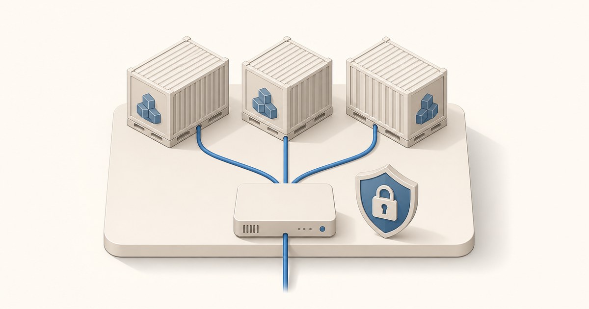 Three isometric shipping containers linked by blue cables to a small proxy box beside a padlock shield, showing Docker services behind an SSL proxy.